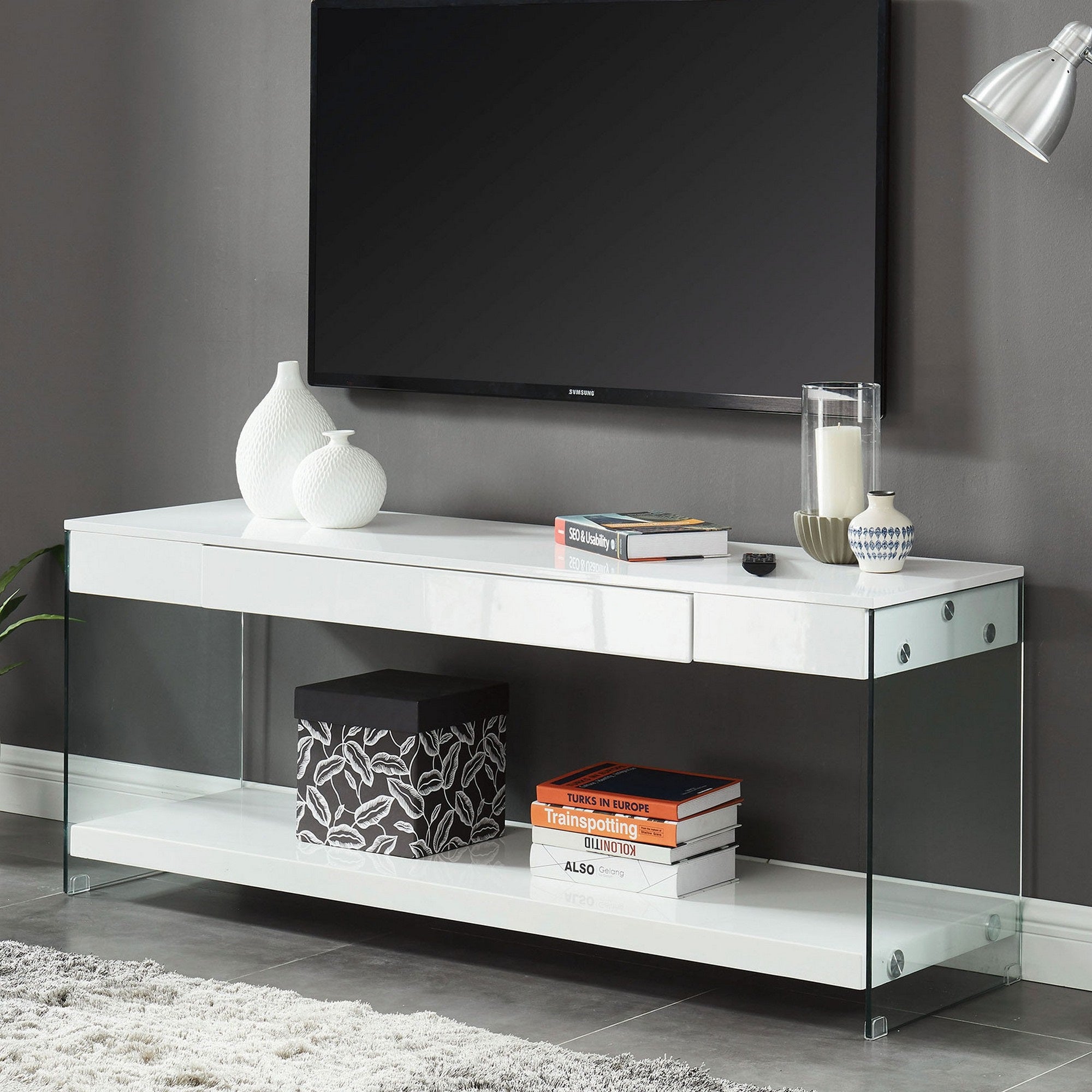 Contemporary Style Plastic Tv Stand With Glass Side Panels, White
