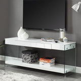 Contemporary Style Plastic Tv Stand With Glass Side Panels, White