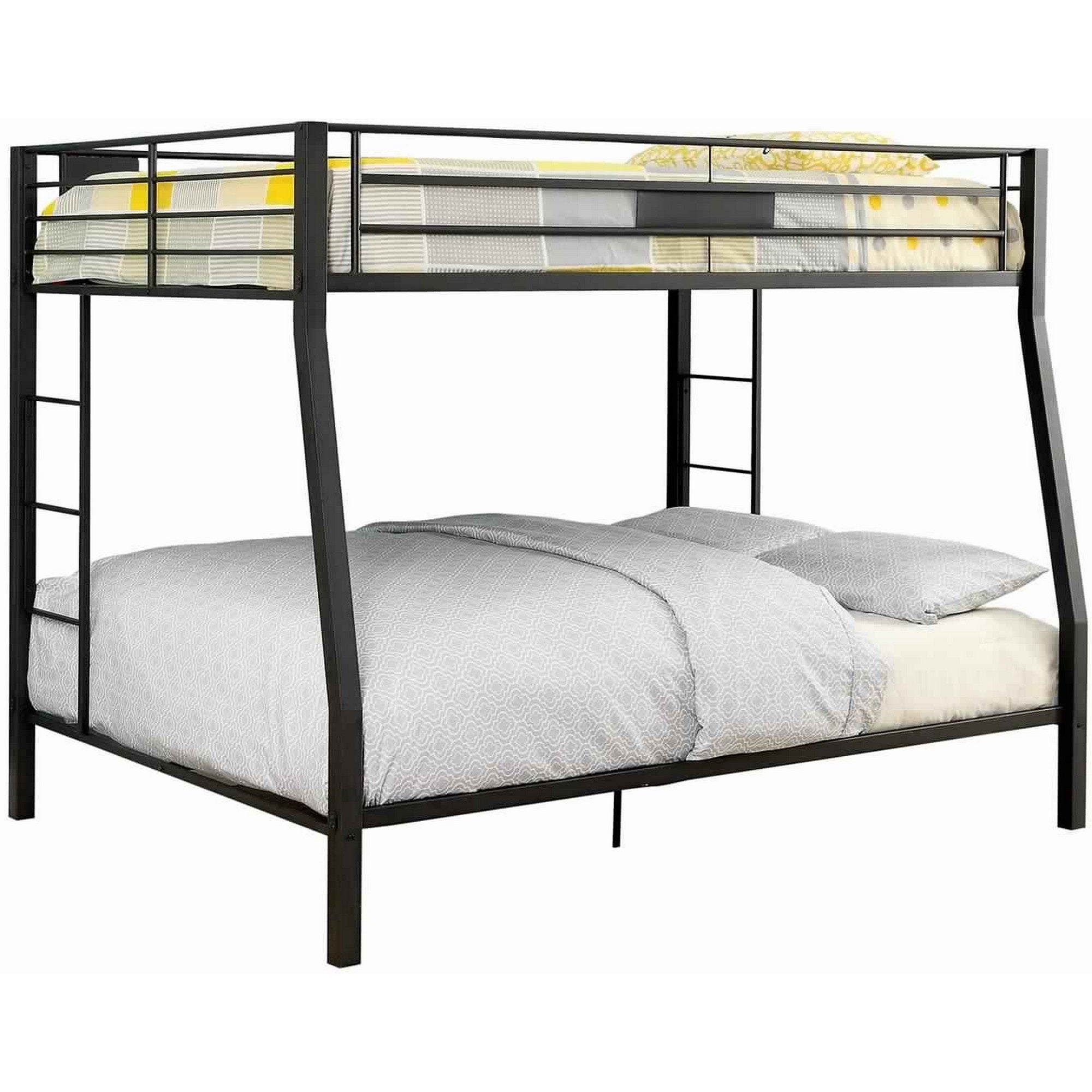 Horizontal Slatted Metal Full Over Queen Bunk Bed With 2 Ladders, Black