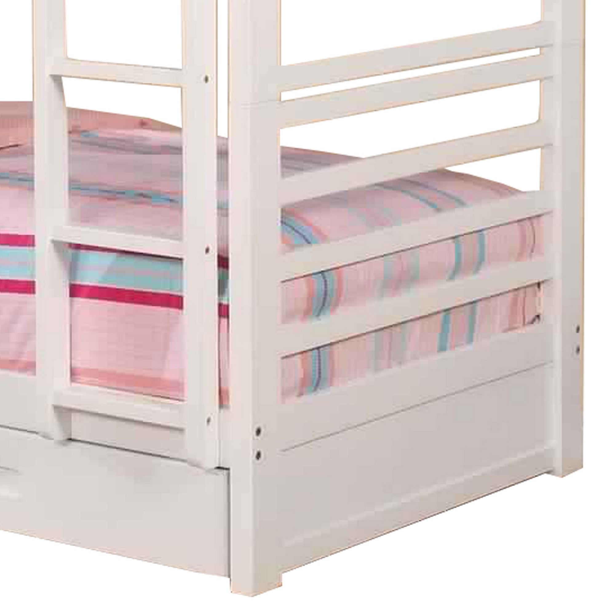 Transitional Twin Over Twin Bed With Attached Ladder And Drawers, White
