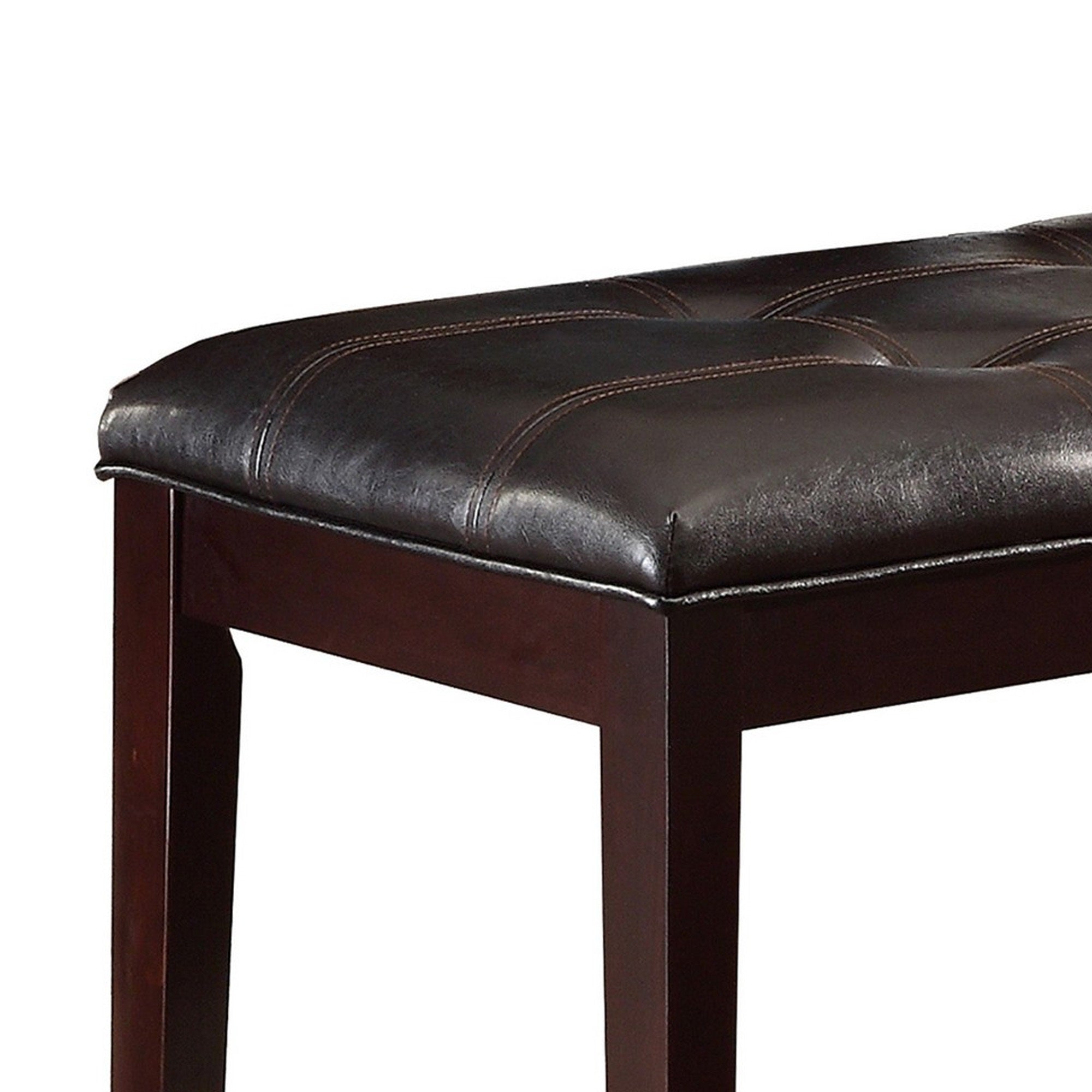 Button Tufted Faux Leather Upholstered Wooden Bench, Espresso Brown