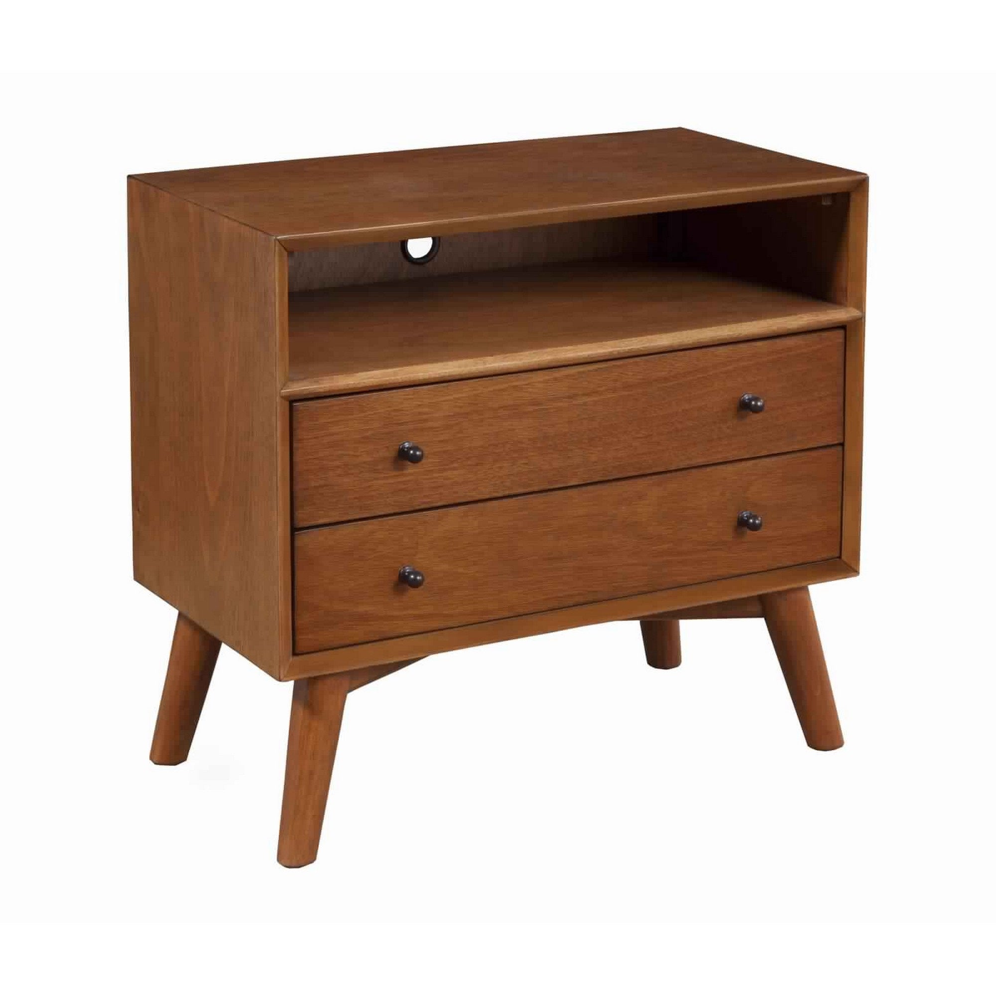 2 Drawer Wooden Nightstand With Open Compartment And Splayed Legs, Brown