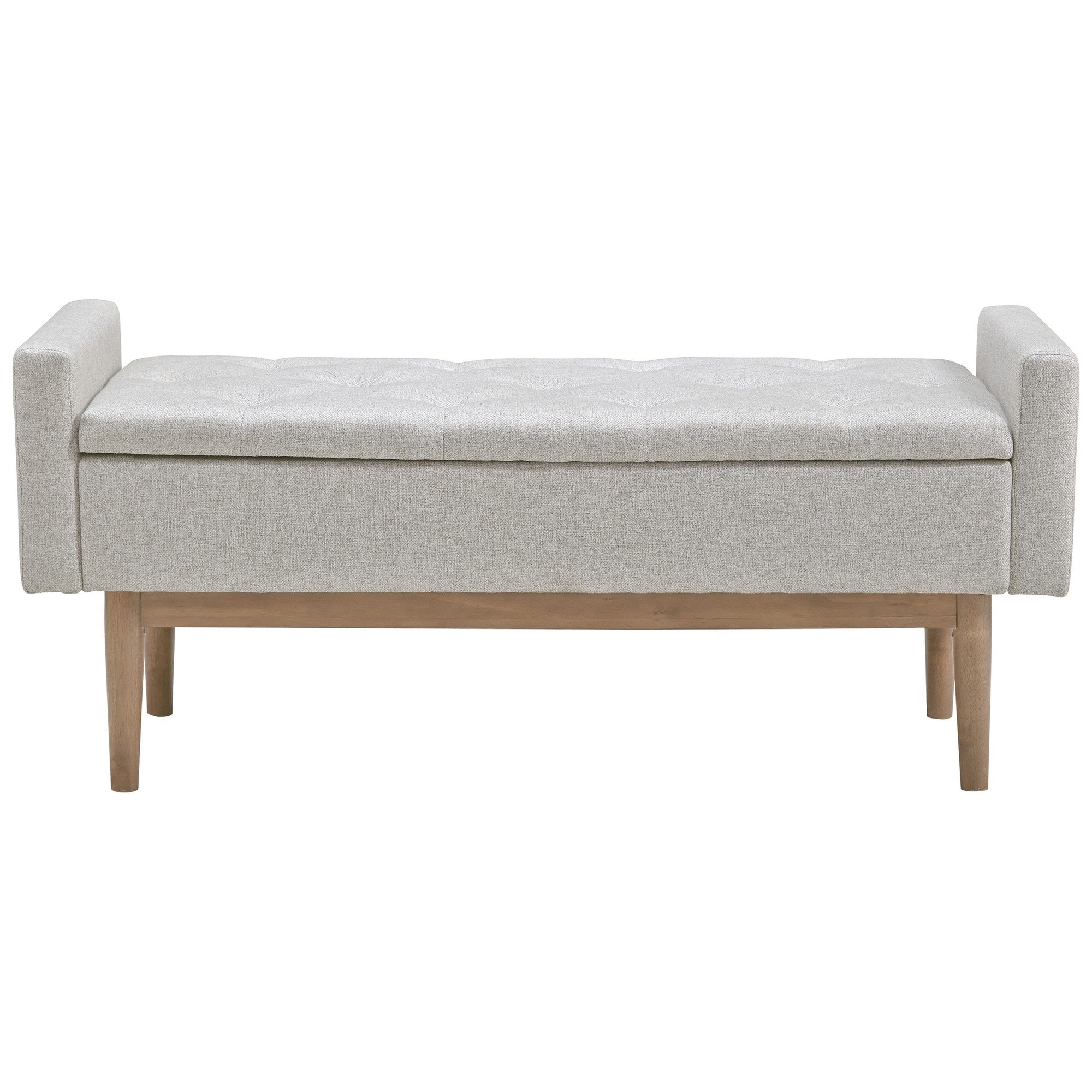 Tufted Fabric Storage Bench With Low Profile Elevated Arms, Light Gray