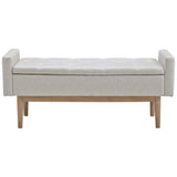 Tufted Fabric Storage Bench With Low Profile Elevated Arms, Light Gray