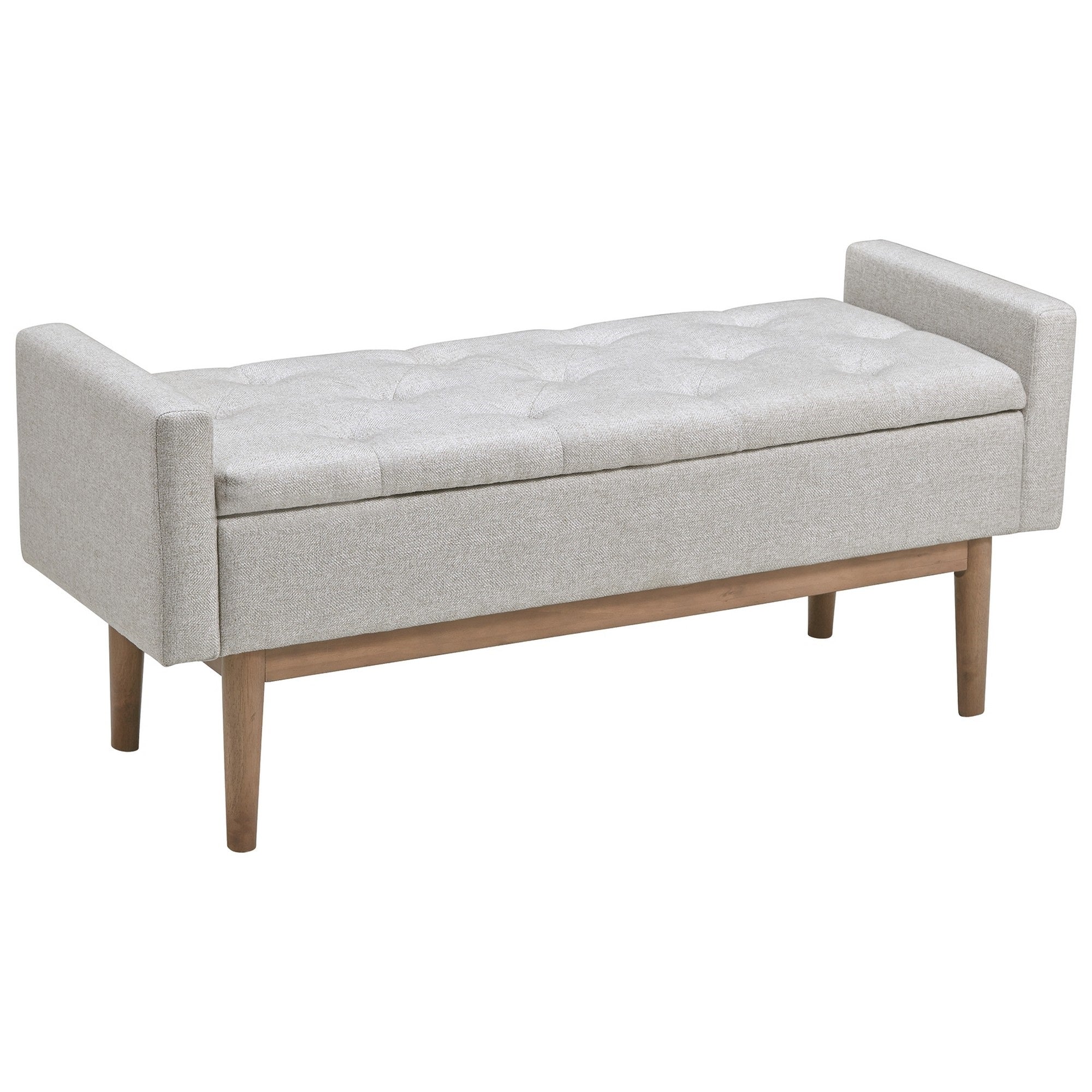 Tufted Fabric Storage Bench With Low Profile Elevated Arms, Light Gray
