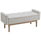 Tufted Fabric Storage Bench With Low Profile Elevated Arms, Light Gray