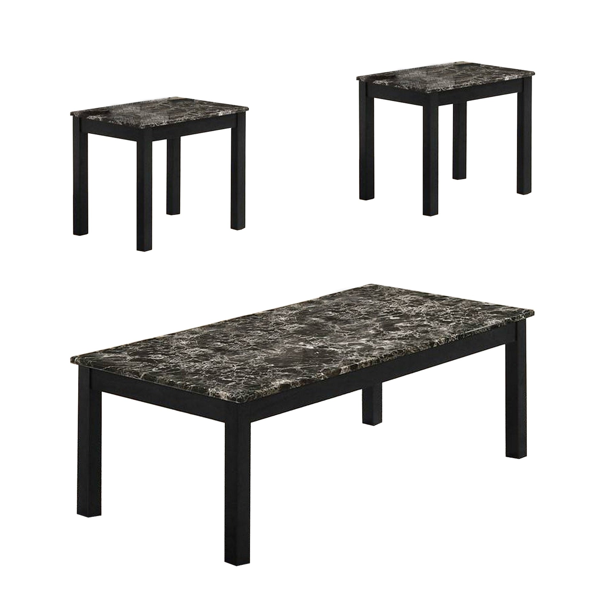 3 Piece Coffee Table And End Table With Faux Marble Top, Black
