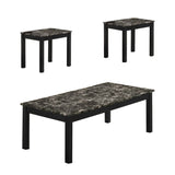 3 Piece Coffee Table And End Table With Faux Marble Top, Black