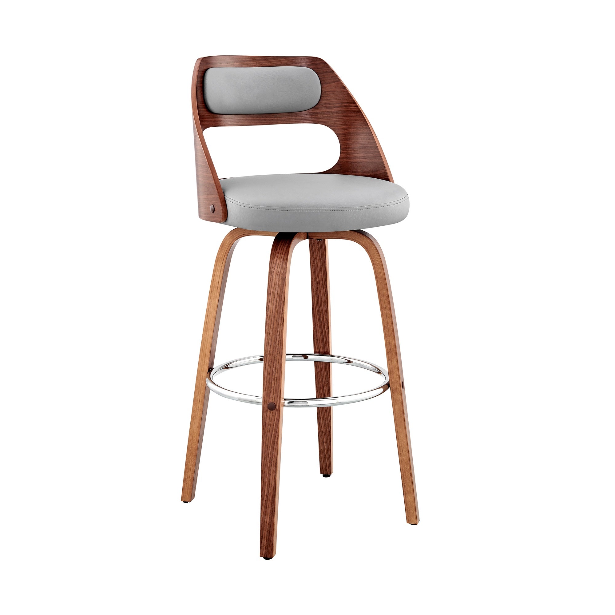 30 Inch Leatherette Barstool With Cut Out Back, Gray And Brown