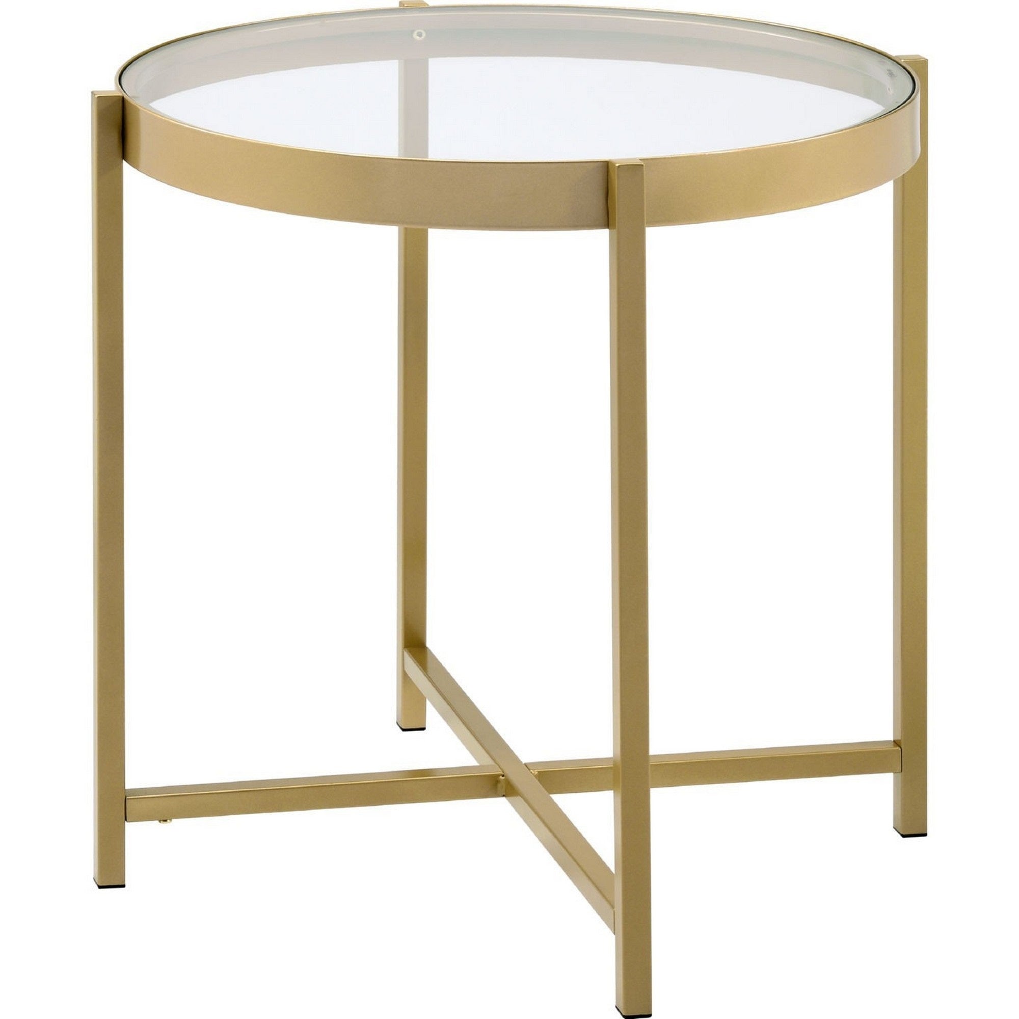 End Table With Round Glass Top And Metal Frame, Gold