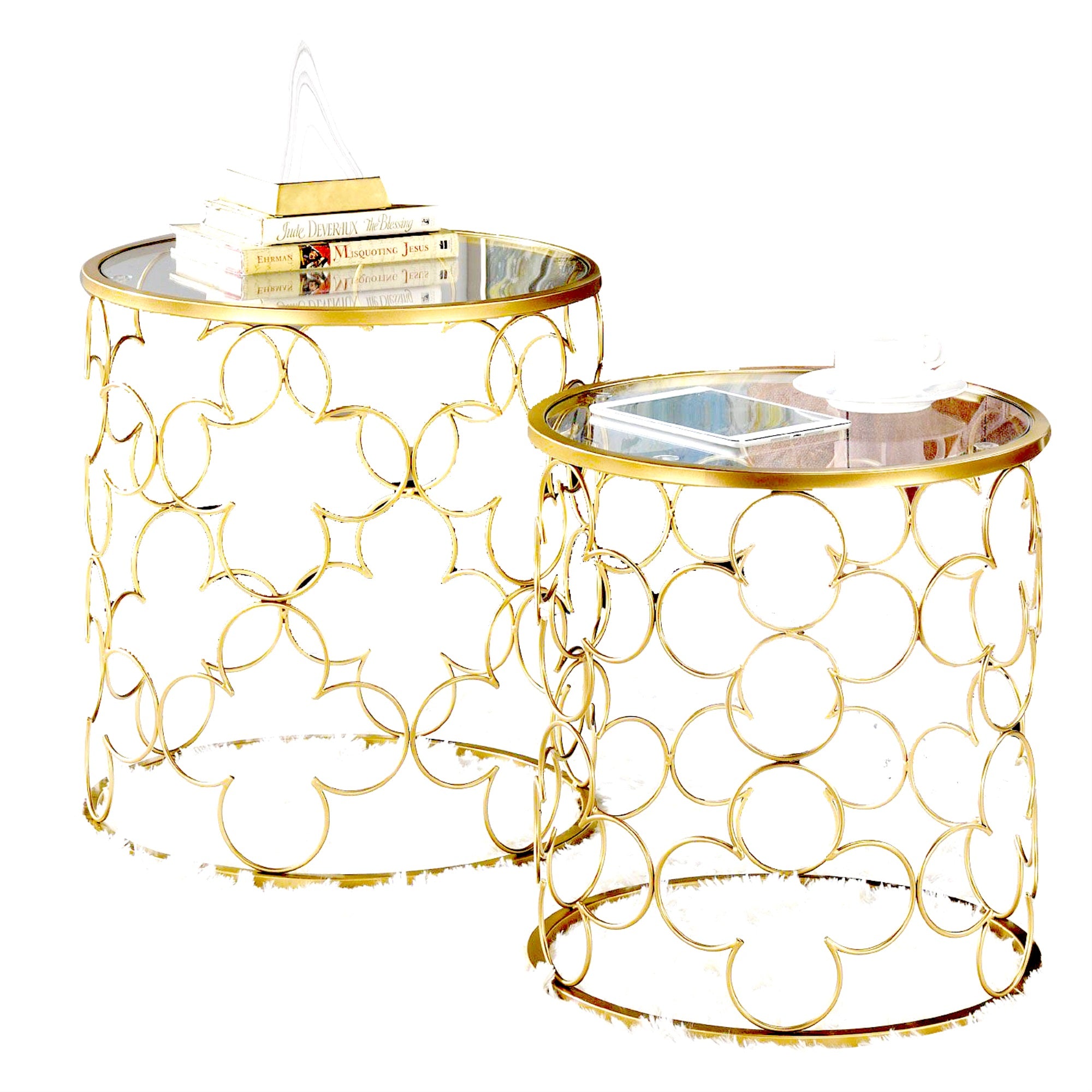 2 Piece Round Nesting Table With Lattice Metal Base, Gold