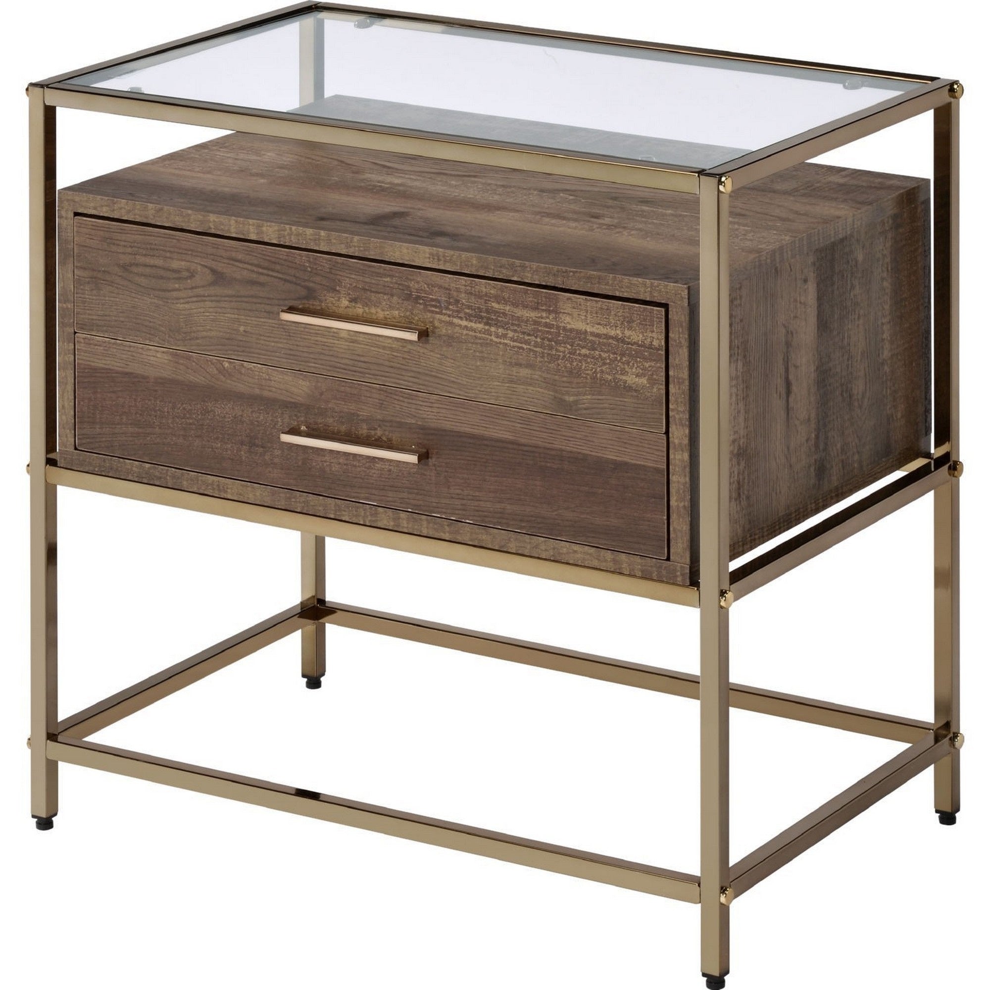 Accent Table With 2 Drawers And Metal Frame Glass Top, Brown And Gold