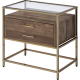 Accent Table With 2 Drawers And Metal Frame Glass Top, Brown And Gold