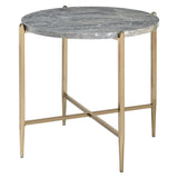 End Table With Oval Marble Top And X Shaped Support, Gray And Gold