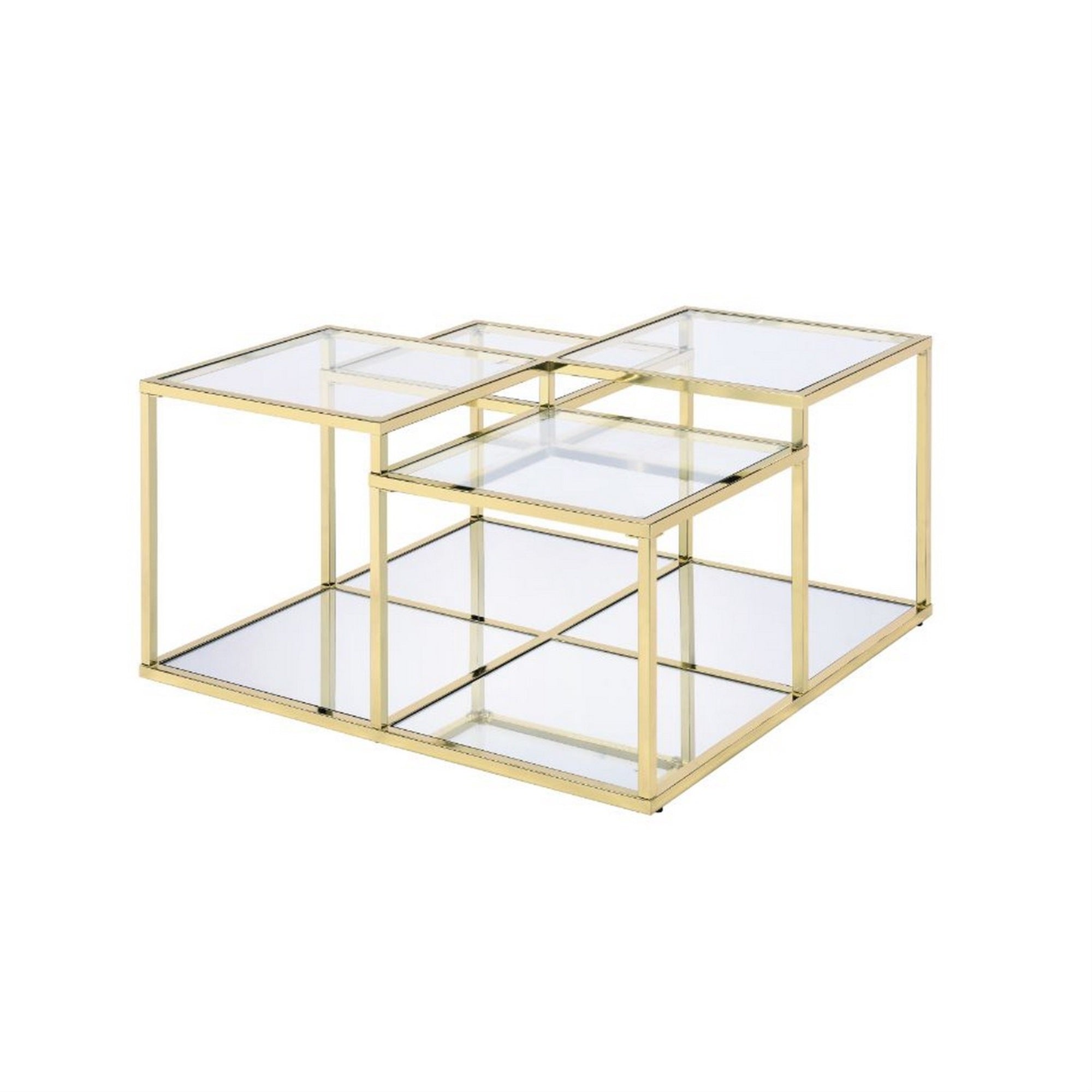 Coffee Table With Glass Top And Tubular Frame, Gold