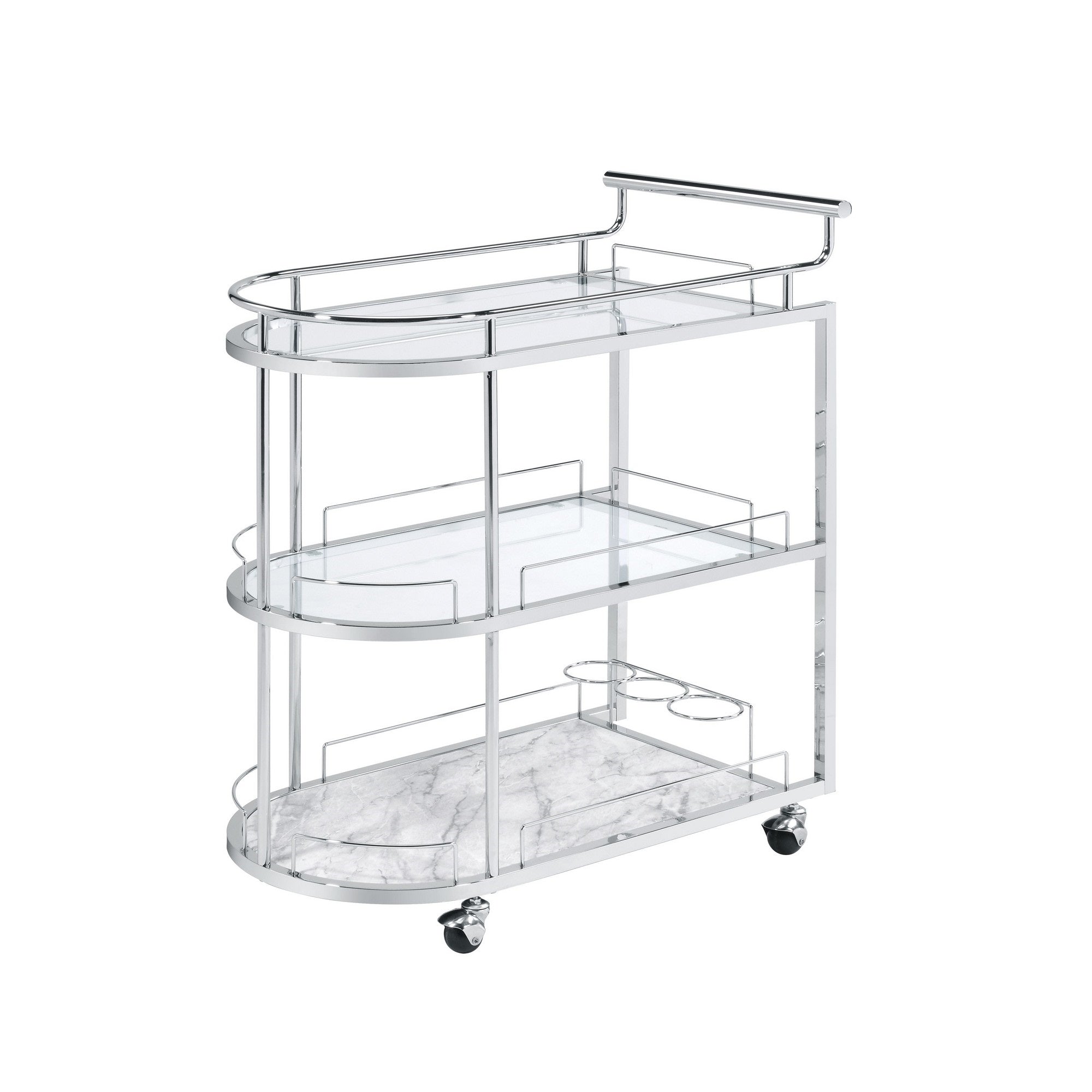 Serving Cart With Oval Shape And Metal Bar Handle, Silver