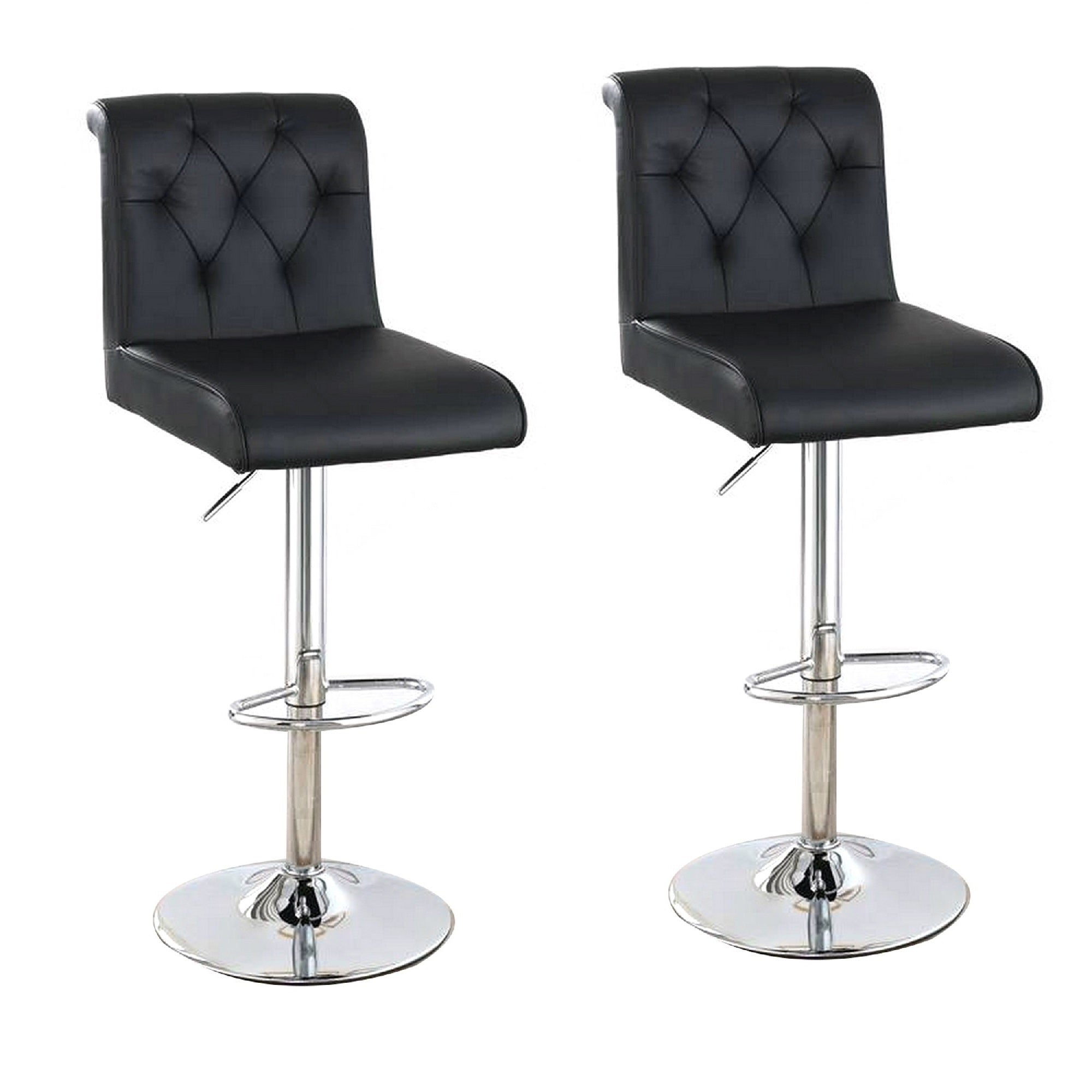 Adjustable Barstool With Rolled Button Tufted Back, Set Of 2, Black