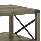 Eli 47 Inch Wood Coffee Table, Metal Brackets, Cross Bars, Rustic Oak Brown