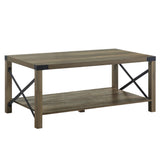 Eli 47 Inch Wood Coffee Table, Metal Brackets, Cross Bars, Rustic Oak Brown