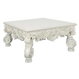 Ataa 50 Inch Square Coffee Table, Ornate Floral Carvings, Claw Feet, White