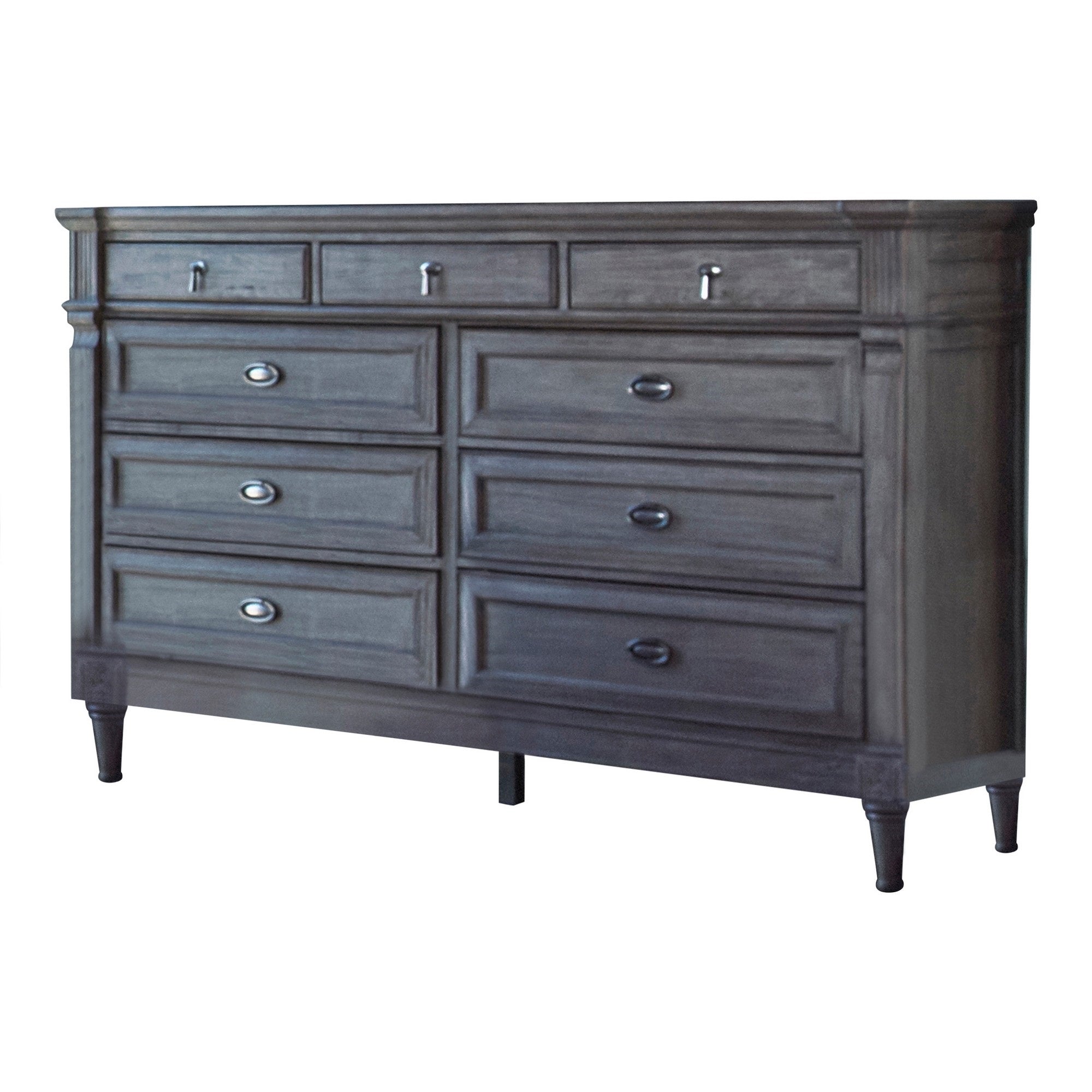 Dexi 65 Inch Dresser, 9 Drawers, Metal Ring Handles, Wood, Gray And Silver