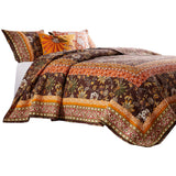 3 Piece King Quilt Set, Bohemian, Jacobean Floral Print, Brown, Orange