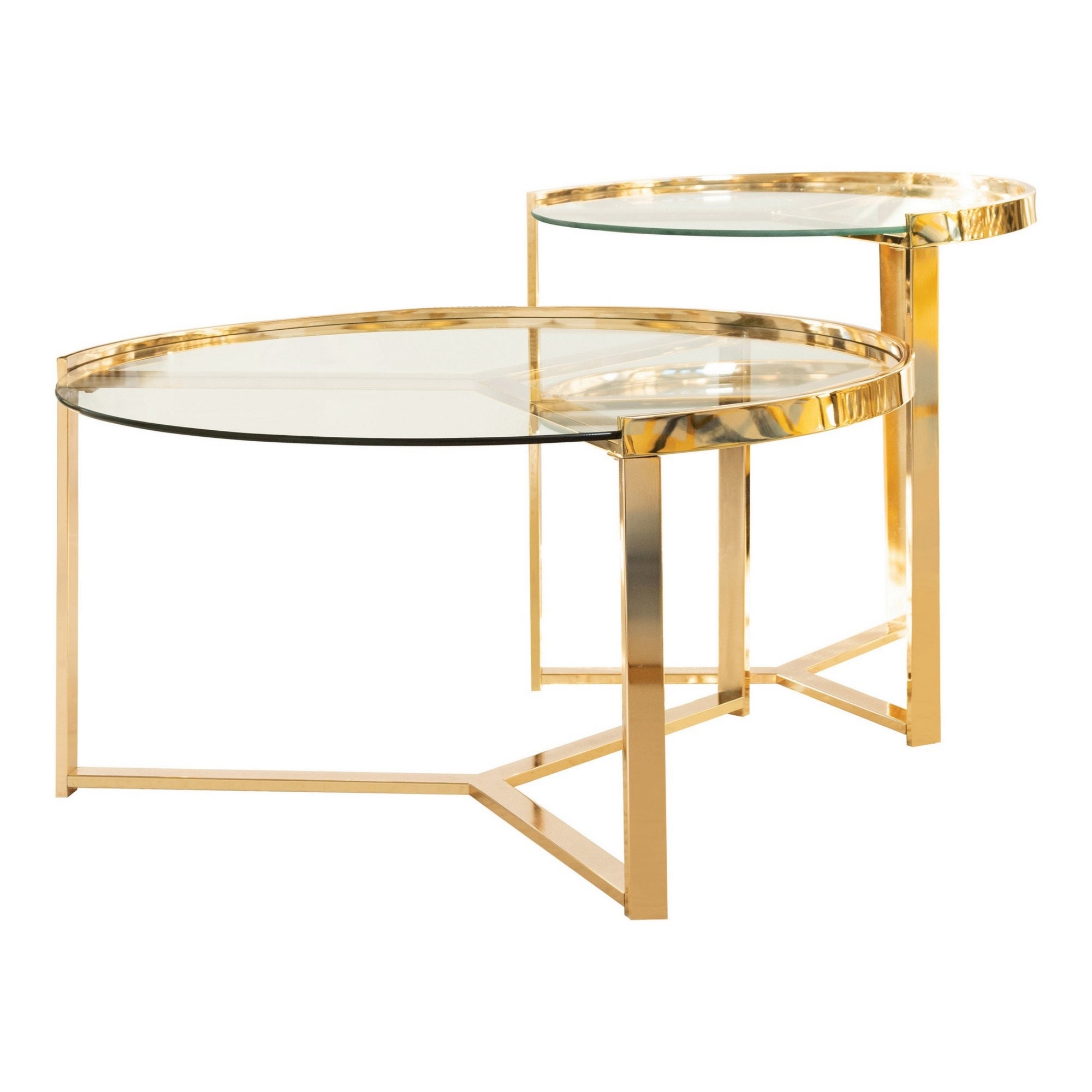 23 Inch Round Nesting Accent Tables, Glass Top, Metal Base, Set Of 2, Gold