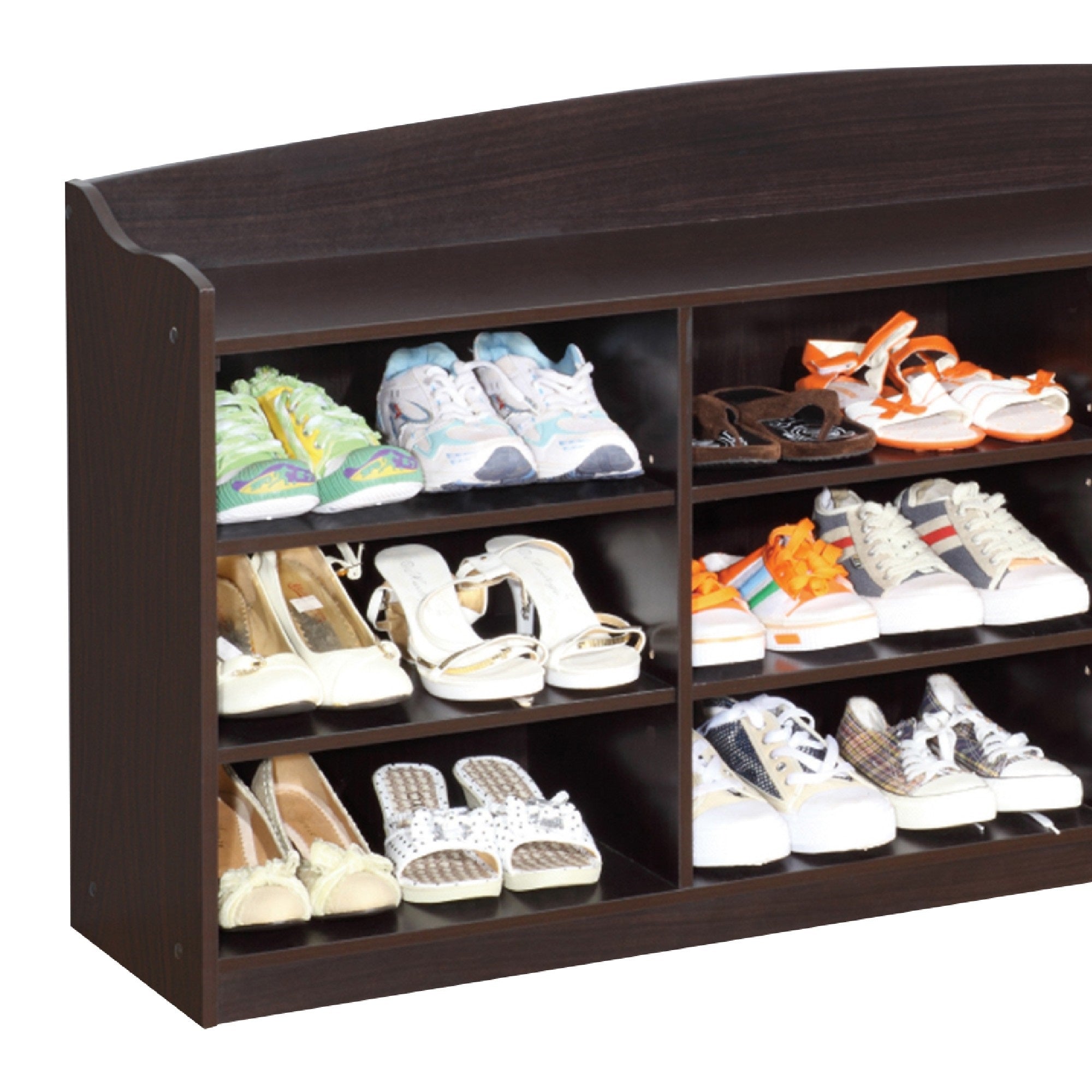 48 Inch Classic Wood Shoe Rack, 9 Cubbies, Elegant Wood Grains, Dark Brown