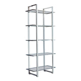 79 Inch Bookcase, Metal Frame, Tempered Glass Shelves, Polished, Silver