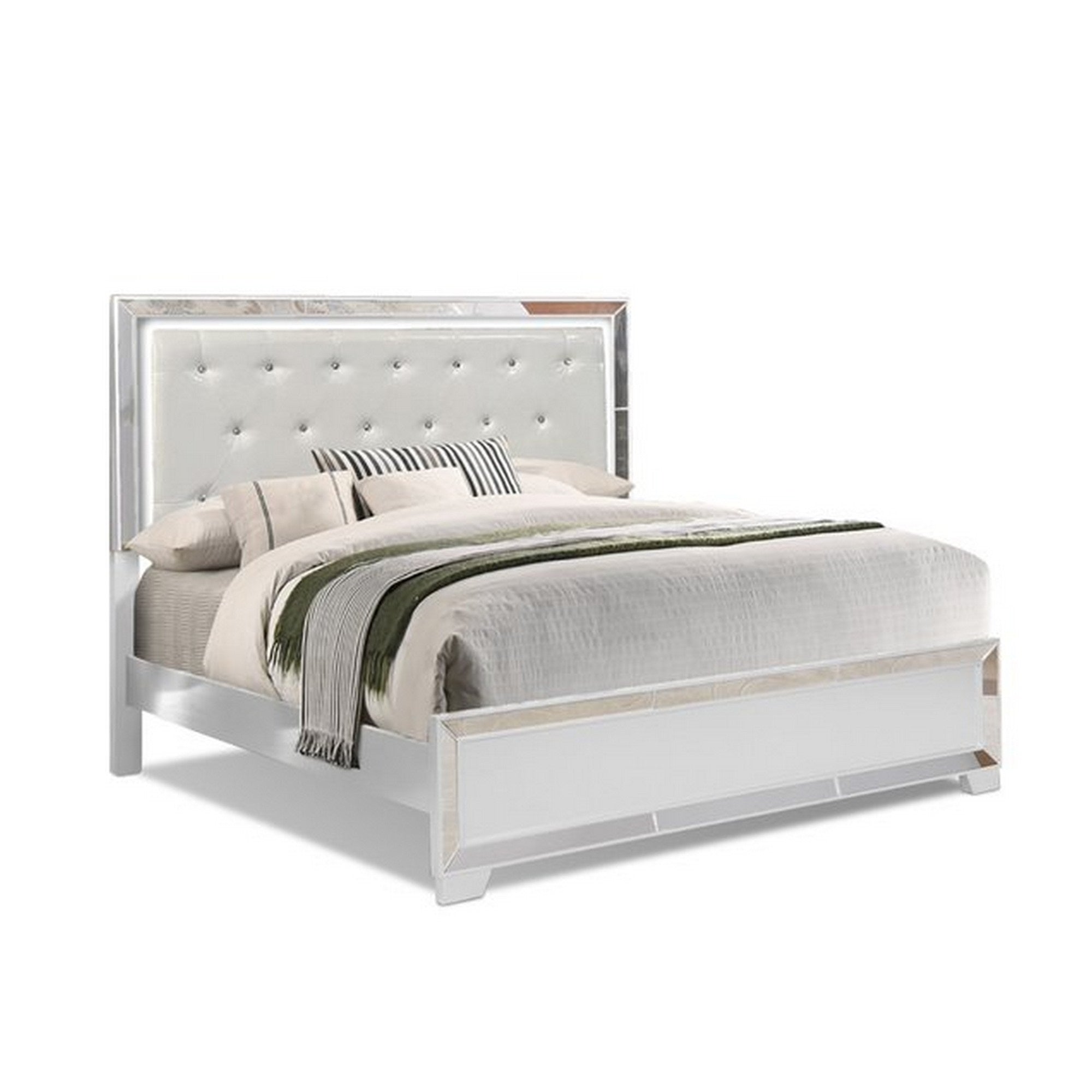 Eli Modern Wood Queen Bed, Crystal Tufted Headboard Led, White Faux Leather