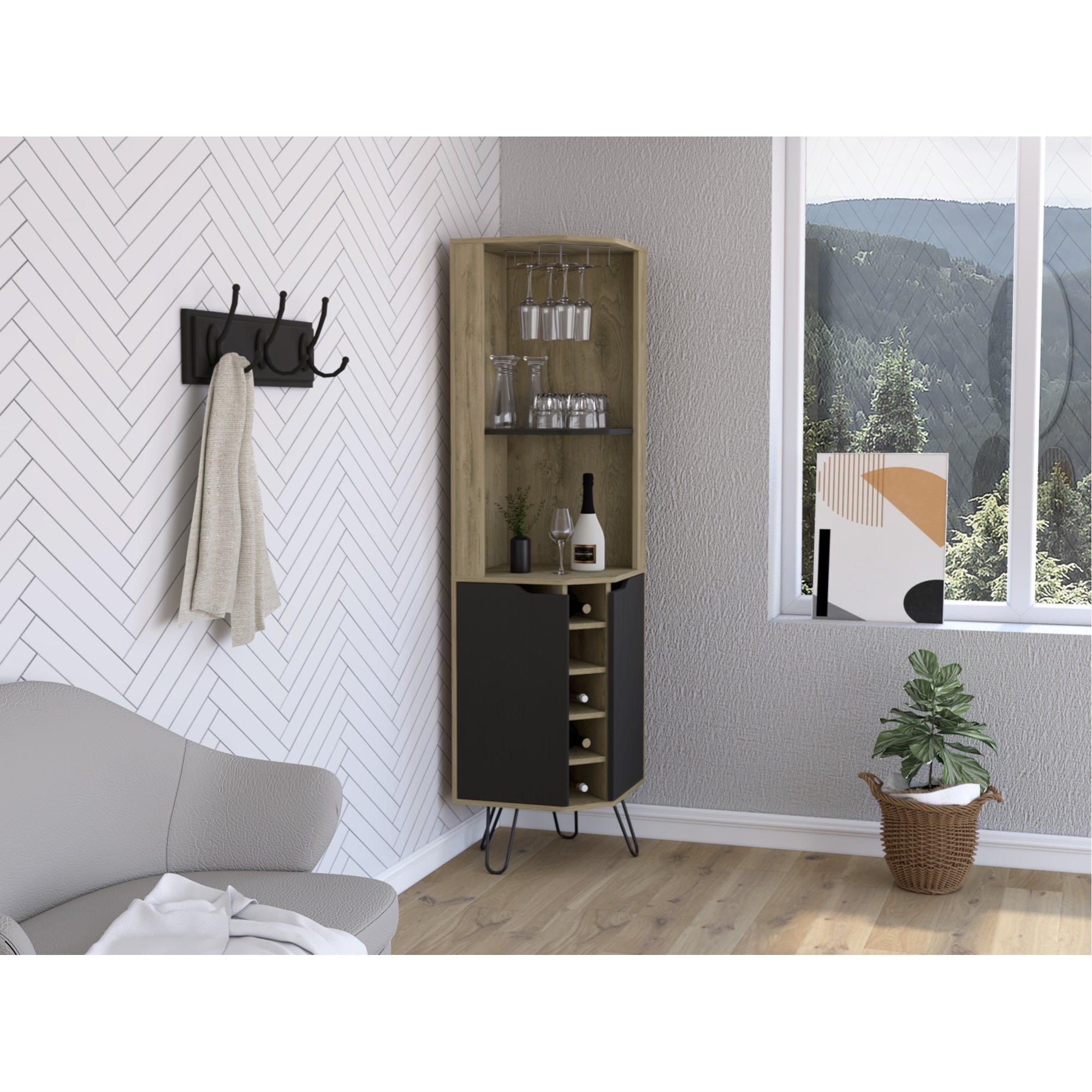 Tuhome Audra Corner Bar Cabinet -Six Wine Cubbies, Two Shelves, Four Shelves With Door, Four Legs-Macadamia/Black, For Living Ro