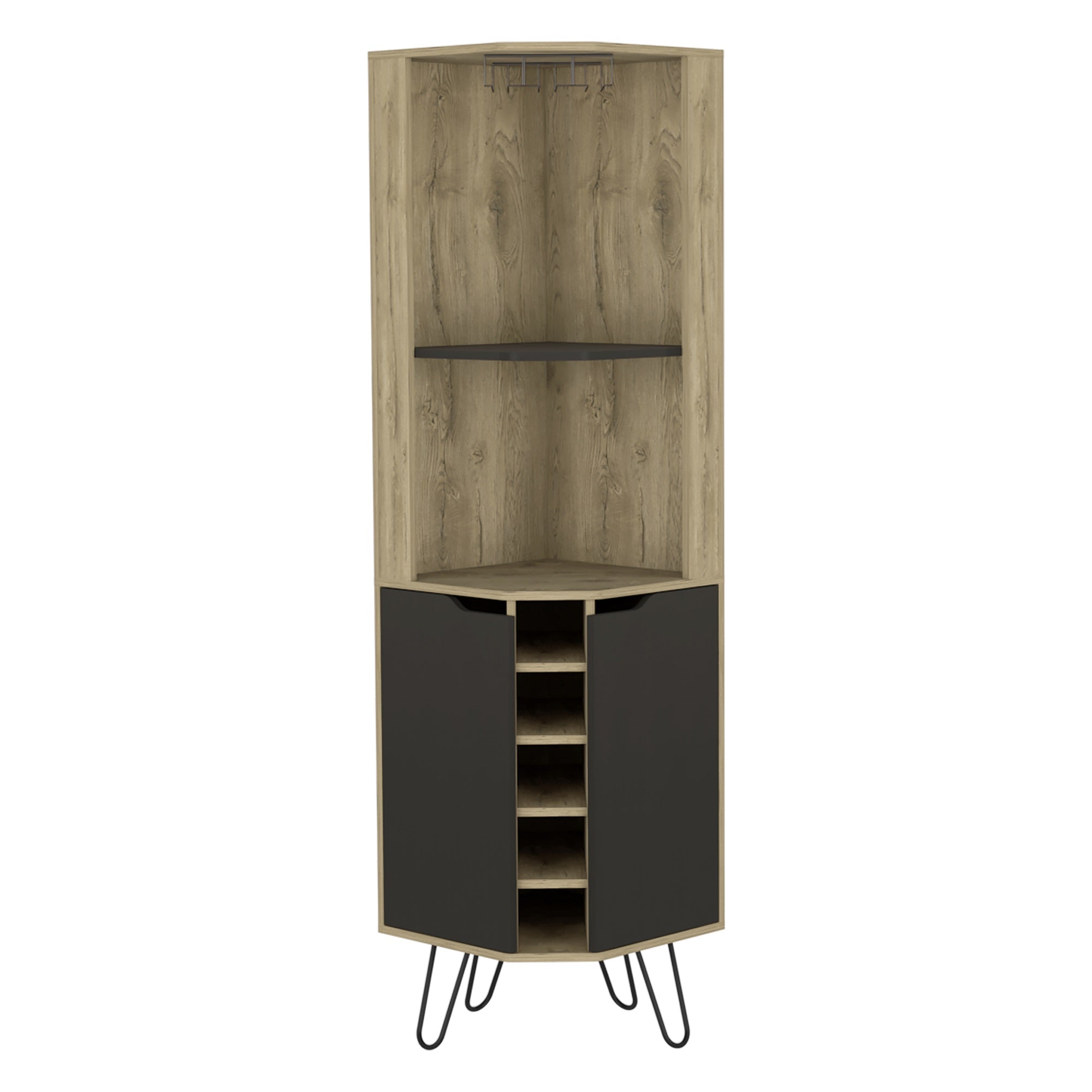Tuhome Audra Corner Bar Cabinet -Six Wine Cubbies, Two Shelves, Four Shelves With Door, Four Legs-Macadamia/Black, For Living Ro