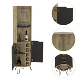 Tuhome Audra Corner Bar Cabinet -Six Wine Cubbies, Two Shelves, Four Shelves With Door, Four Legs-Macadamia/Black, For Living Ro