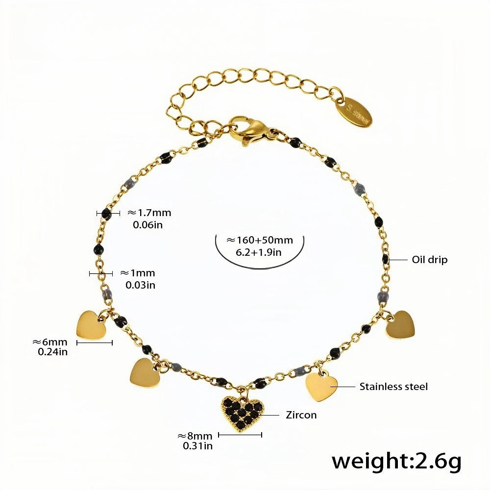 Gold-Plated Heart Charm Anklet with Black Zircon & Bead Accents Adjustable Stainless Steel Chain (2.6g)