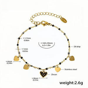 Gold-Plated Heart Charm Anklet with Black Zircon & Bead Accents Adjustable Stainless Steel Chain (2.6g)