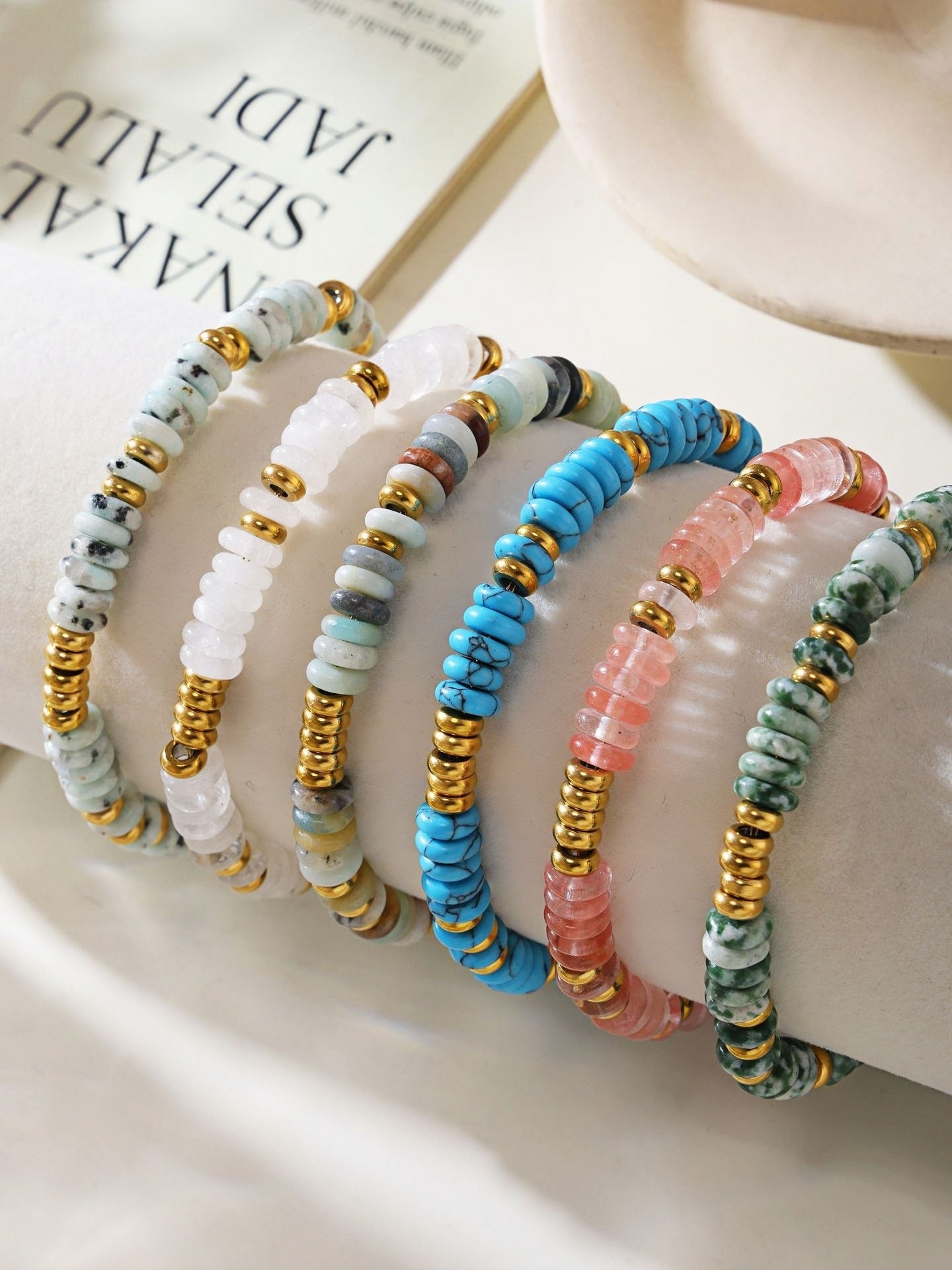 Elegant Green Natural Stone Bead Bracelet with Gold-Tone Stainless Steel Accents Adjustable Length