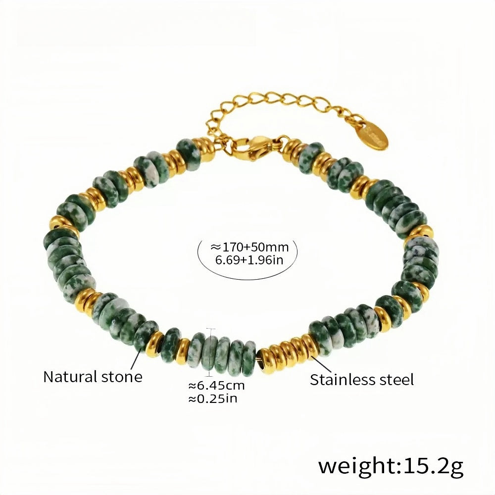Elegant Green Natural Stone Bead Bracelet with Gold-Tone Stainless Steel Accents Adjustable Length