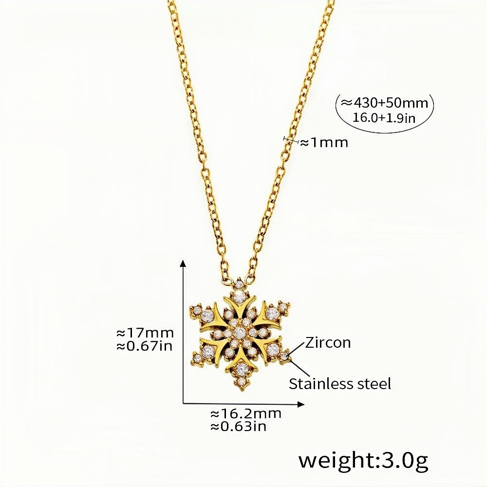 Snowflake Zircon Pendant Necklace 18K Gold-Plated Stainless Steel, Sparkling Winter-Inspired Jewelry 16.0''+1.9'' Chain, 3g