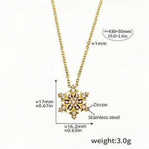 Snowflake Zircon Pendant Necklace 18K Gold-Plated Stainless Steel, Sparkling Winter-Inspired Jewelry 16.0''+1.9'' Chain, 3g