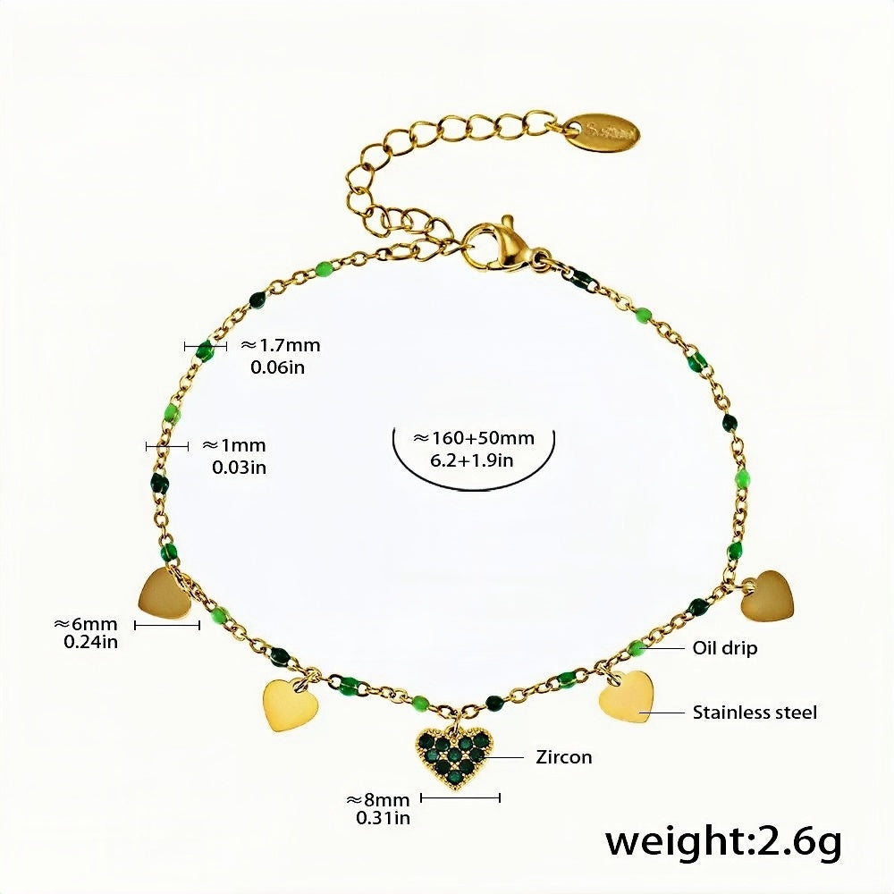 Elegant Green Zircon Heart Charm Bracelet Stainless Steel with Gold Finish