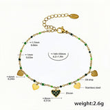 Elegant Green Zircon Heart Charm Bracelet Stainless Steel with Gold Finish