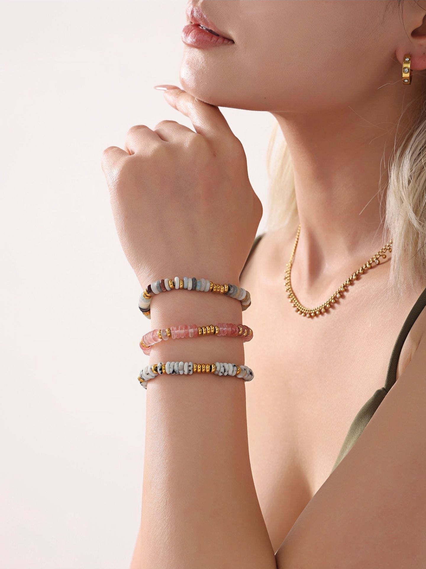 Natural Stone & Gold-Tone Stainless Steel Beaded Bracelet Adjustable Length