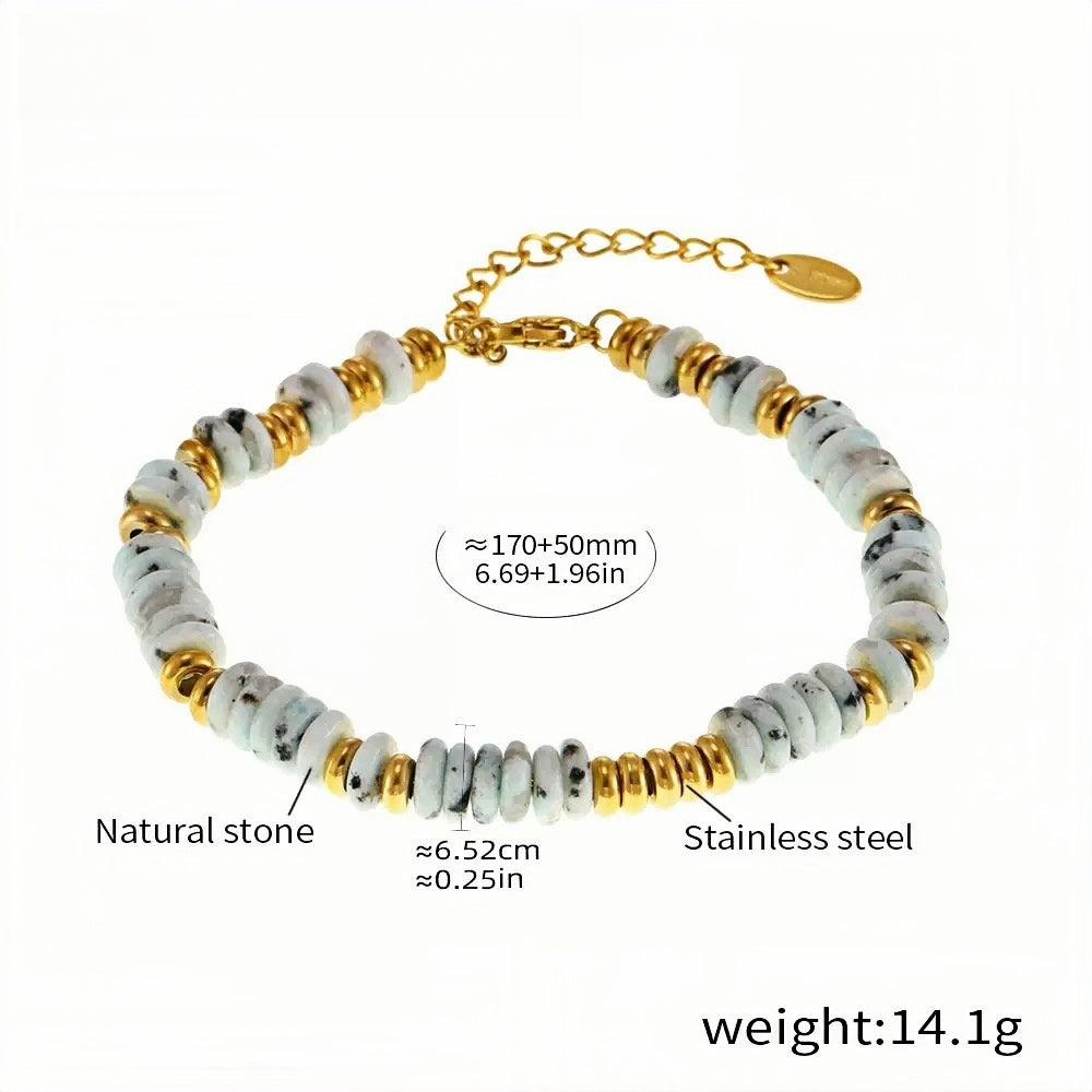 Natural Stone & Gold-Tone Stainless Steel Beaded Bracelet Adjustable Length