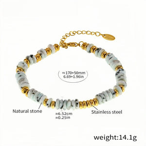 Natural Stone & Gold-Tone Stainless Steel Beaded Bracelet Adjustable Length