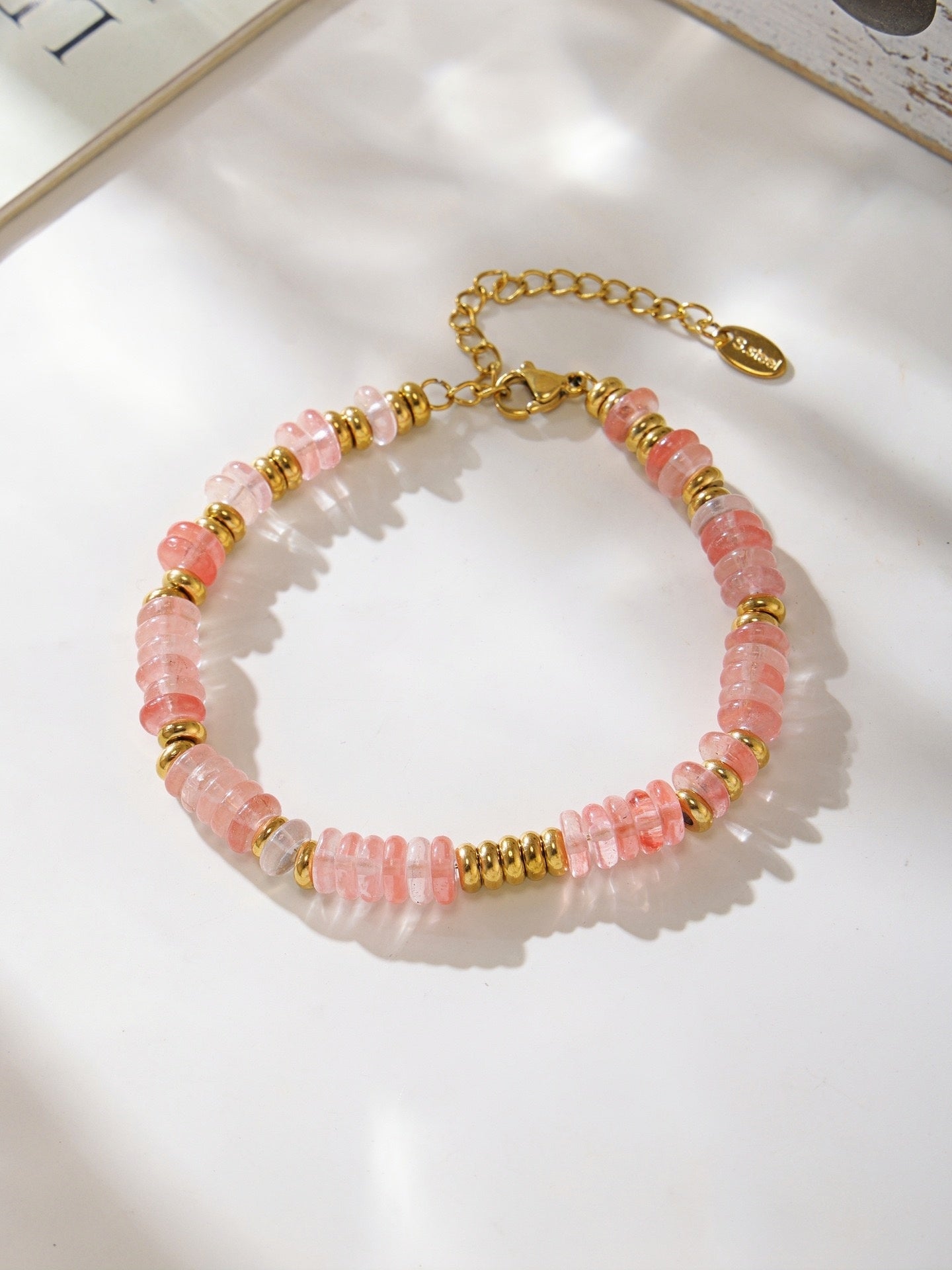 Elegant Pink Natural Stone & Gold Stainless Steel Beaded Bracelet Adjustable Length