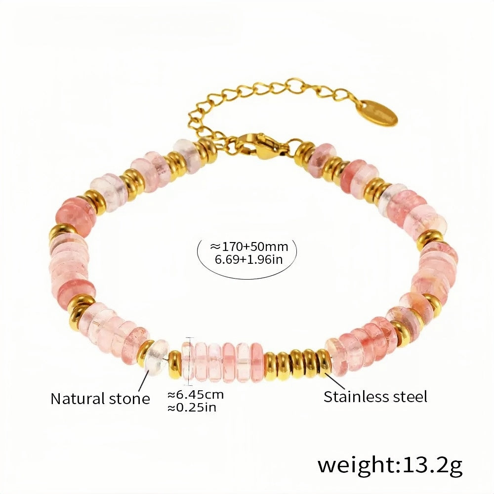Elegant Pink Natural Stone & Gold Stainless Steel Beaded Bracelet Adjustable Length
