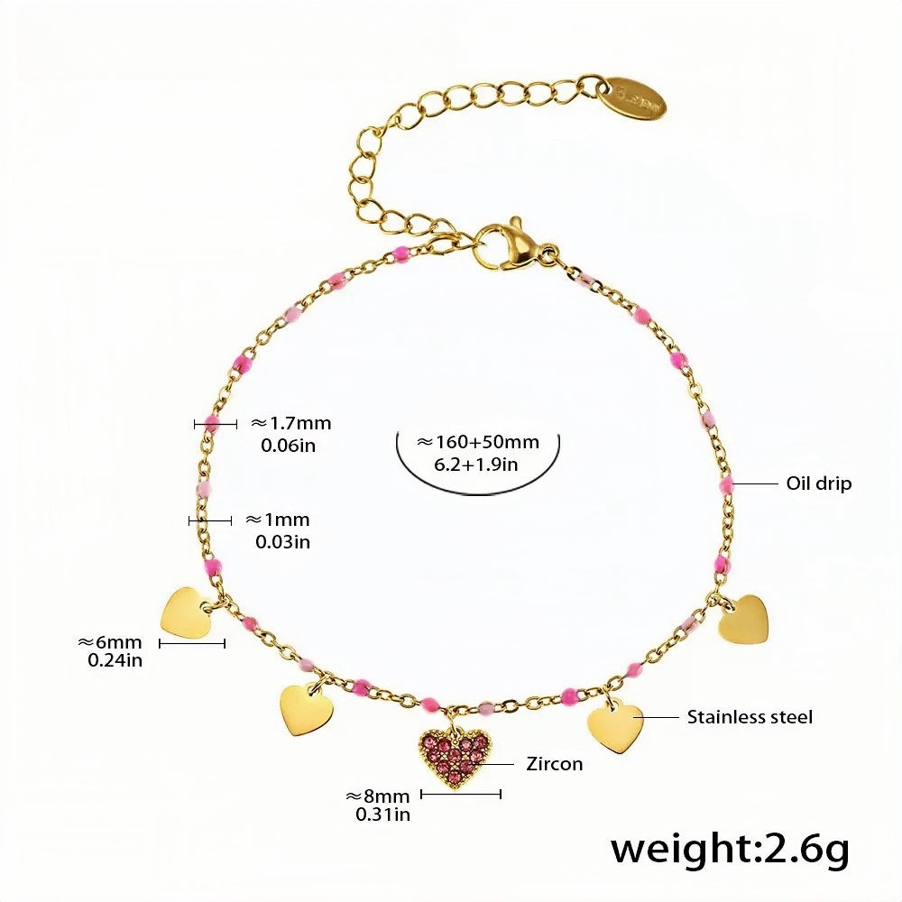Pink Zircon Heart Charm Bracelet Dainty Gold-Plated Stainless Steel