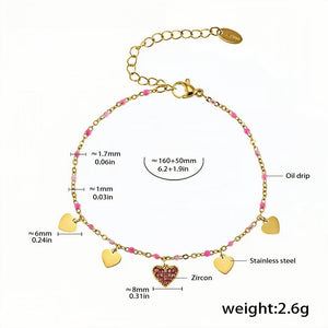 Pink Zircon Heart Charm Bracelet Dainty Gold-Plated Stainless Steel