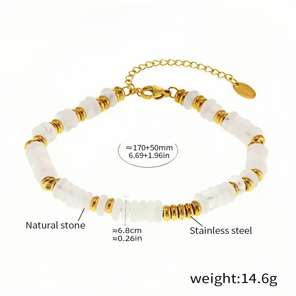 Elegant Natural Stone & Stainless Steel Beaded Bracelet Adjustable Length (6.69'' + 1.96'') 14.6g