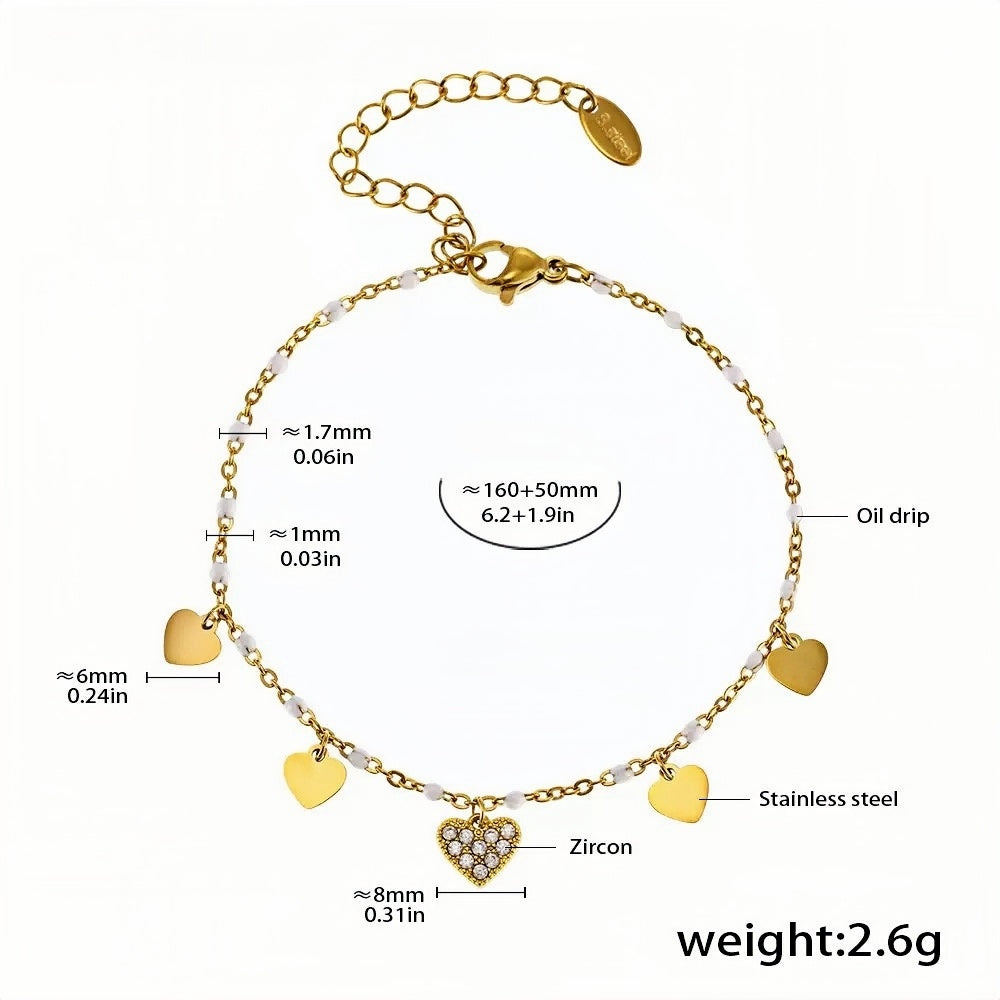 Elegant Gold Heart Charm Anklet with Zircon Centerpiece Adjustable Stainless Steel